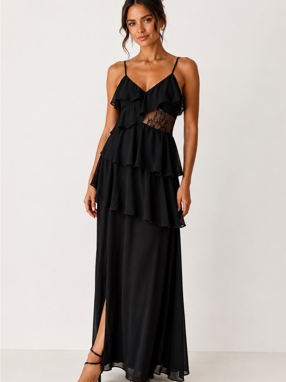 Lulus Dalena Black Ruffled Lace Maxi Dress, Size XL